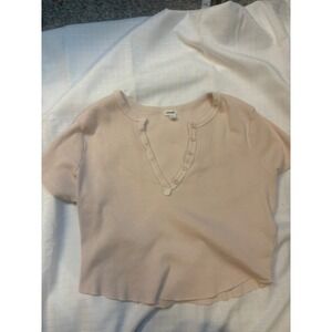 Garage Pink Ribbed Henley Crop Top Short Sleeve V-Neck Button Front XL